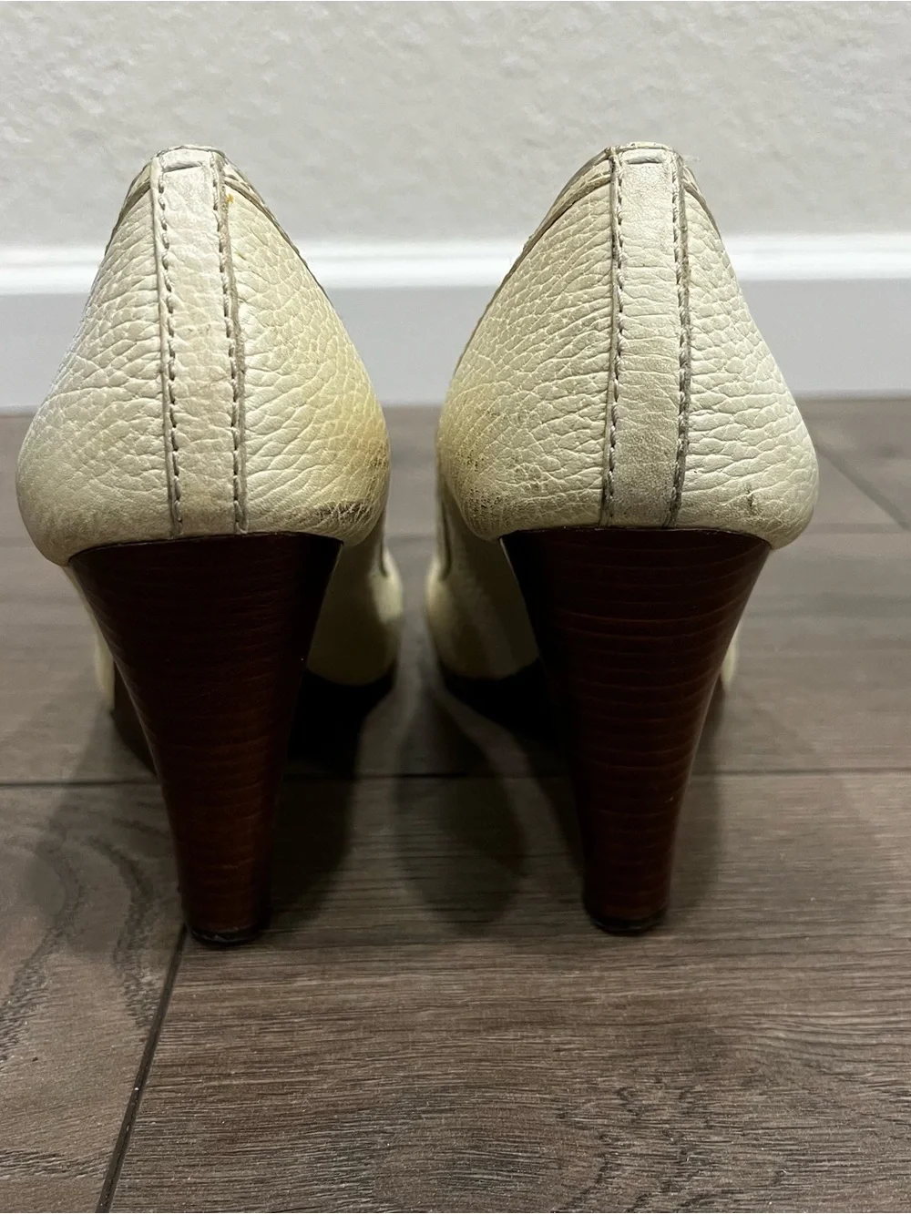 [Sold] Tory Burch Sz.7.5 Leather Peep-Toe Wedge Heels with Gold Accent